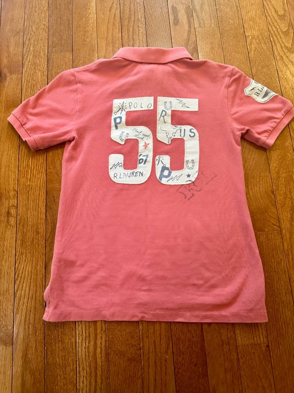Polo Ralph Lauren Boys Pink Polo Shirt USA Flag Big Logo #55 Short Sleeve Size 8 - Picture 2 of 3